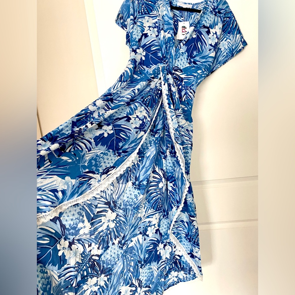 New America & Beyond Blue Floral Print Maxi Dress Swim Cover up Size S NWT